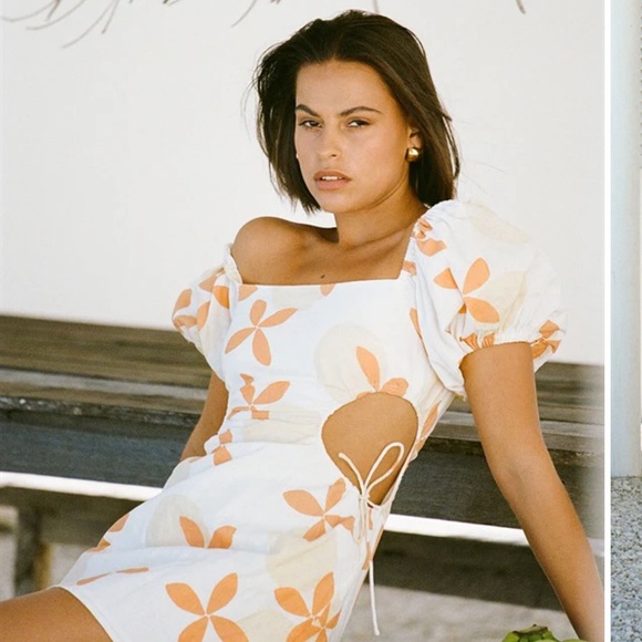 NWT- Sabo Skirt Zola Dress Cream and Orange Puff Sleeve Mini Dress Size Small - Picture 13 of 13